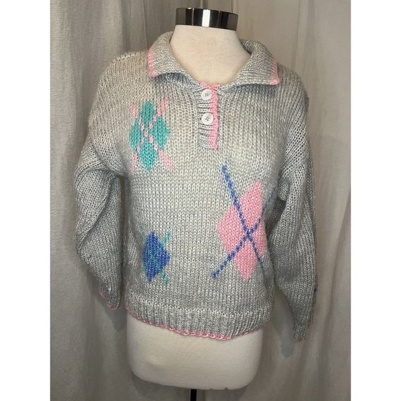 EVIAN II Knitted by Hand Women's Sweater Size M Long Sleeve Collar Grey/Pink - Picture 1 of 13